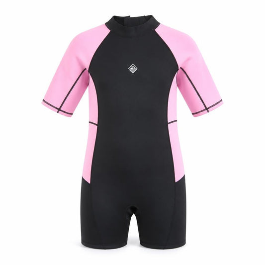 Front view of Primark girls’ pink & black short sleeve wetsuit 13-14 years stretch uv swimwear