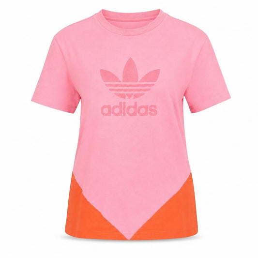 Front view of adidas women’s pink colourblock cotton t-shirt, size UK 10