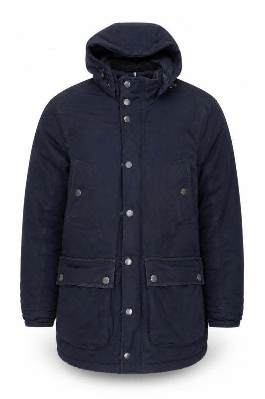 Front view of Maine New England Men's Blue Shower Resistant Hooded Parka Jacket, size S
