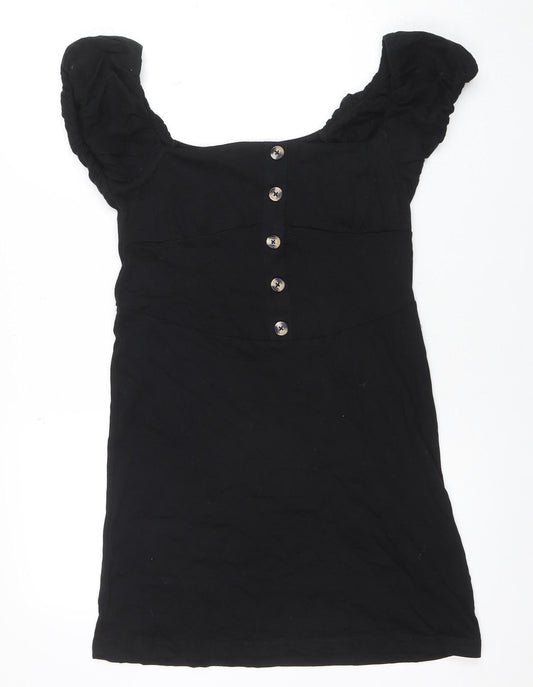 ASOS DESIGN Women's Black Cotton A-Line Puff Sleeve Knee Dress Size 12