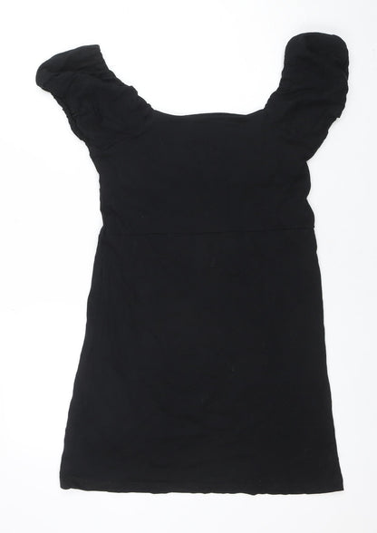 ASOS DESIGN Women's Black Cotton A-Line Puff Sleeve Knee Dress Size 12