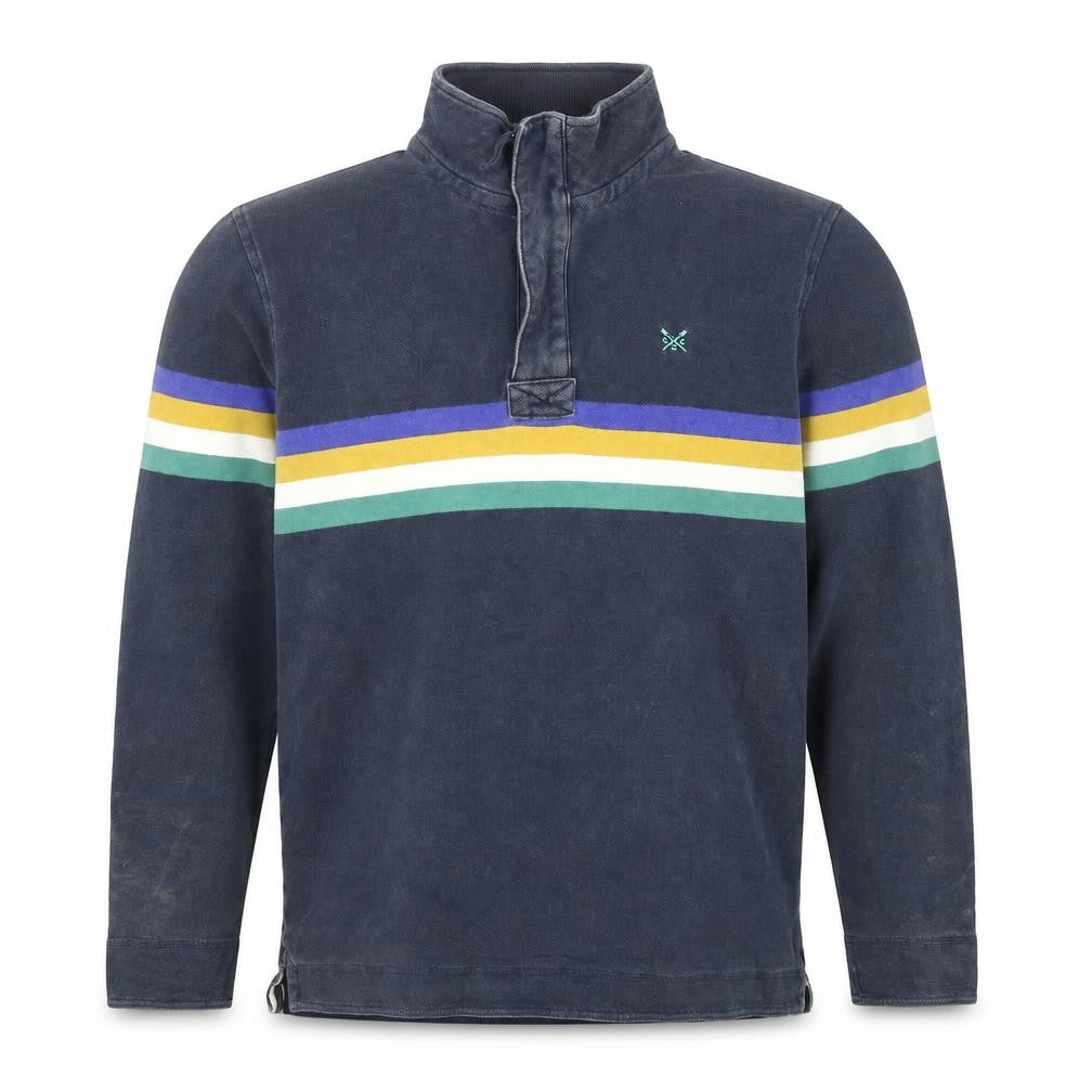 Front view of Crew Clothing Men's Blue L 1/4 Zip Striped Henley Sweatshirt