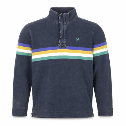 Front view of Crew Clothing Men's Blue L 1/4 Zip Striped Henley Sweatshirt