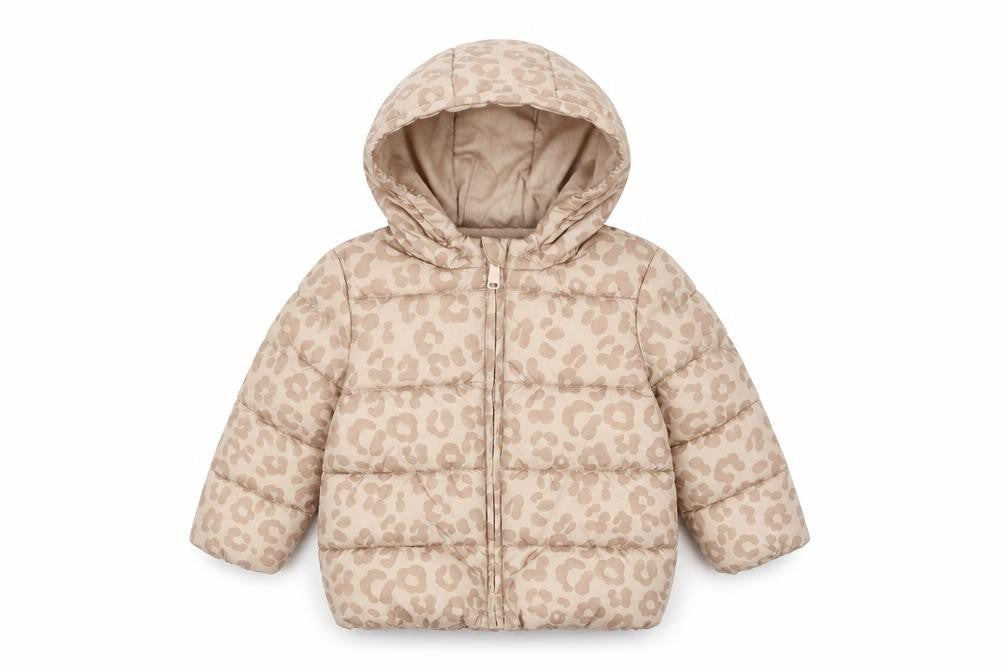 Front view of Marks & Spencer Baby Beige Leopard Hooded Puffer Jacket 18-24 Months