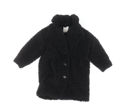 Next Girls Black Faux Fur Fleece Coat Size 3 Years Button Up Winter Jacket