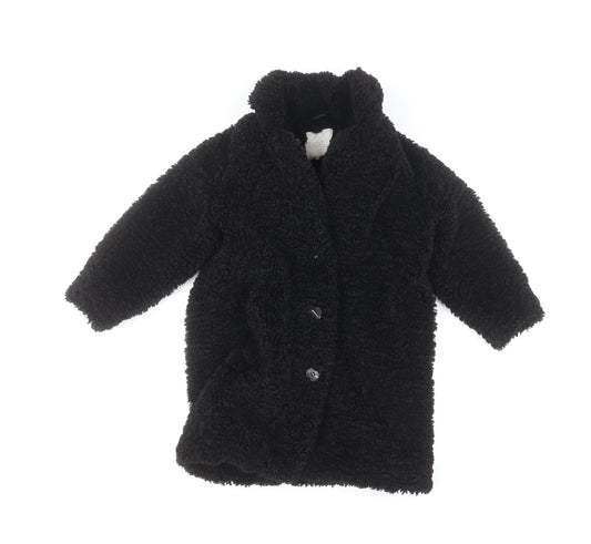 Next Girls Black Faux Fur Fleece Coat Size 3 Years Button Up Winter Jacket