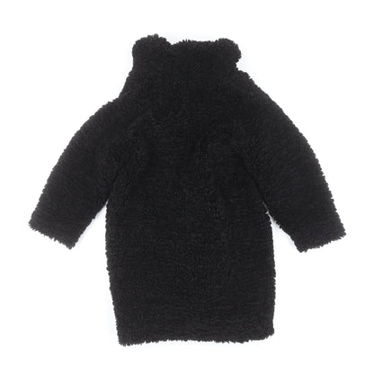 Next Girls Black Faux Fur Fleece Coat Size 3 Years Button Up Winter Jacket