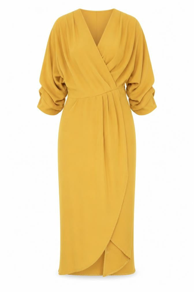 Front view of Club L London Women’s Yellow Midi Wrap Dress, size UK 12, Puff Sleeve V-Neck