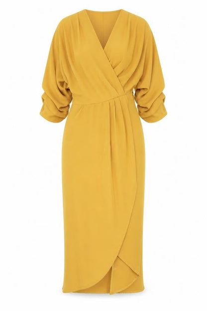 Front view of Club L London Women’s Yellow Midi Wrap Dress, size UK 12, Puff Sleeve V-Neck