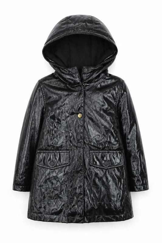 Zara Girls Black Hooded Rain Coat 6 Years Water Resistant Mid-Length Jacket