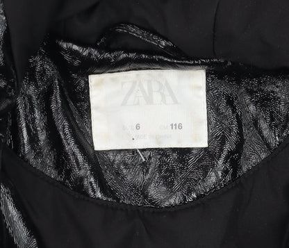 Zara Girls Black Hooded Rain Coat 6 Years Water Resistant Mid-Length Jacket