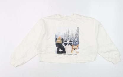Marks and Spencer Girls Ivory Dog Print Pullover Sweatshirt 10-11 Years