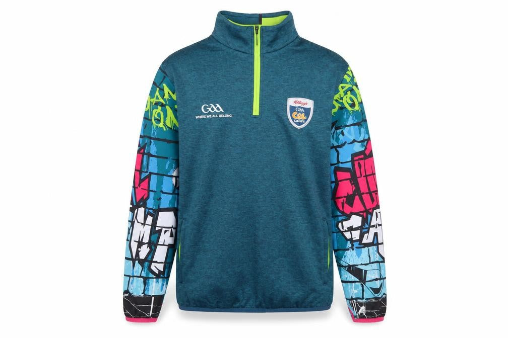 Front view of Masita boys’ blue 1/4 zip sports sweatshirt 5 years colourful logo design