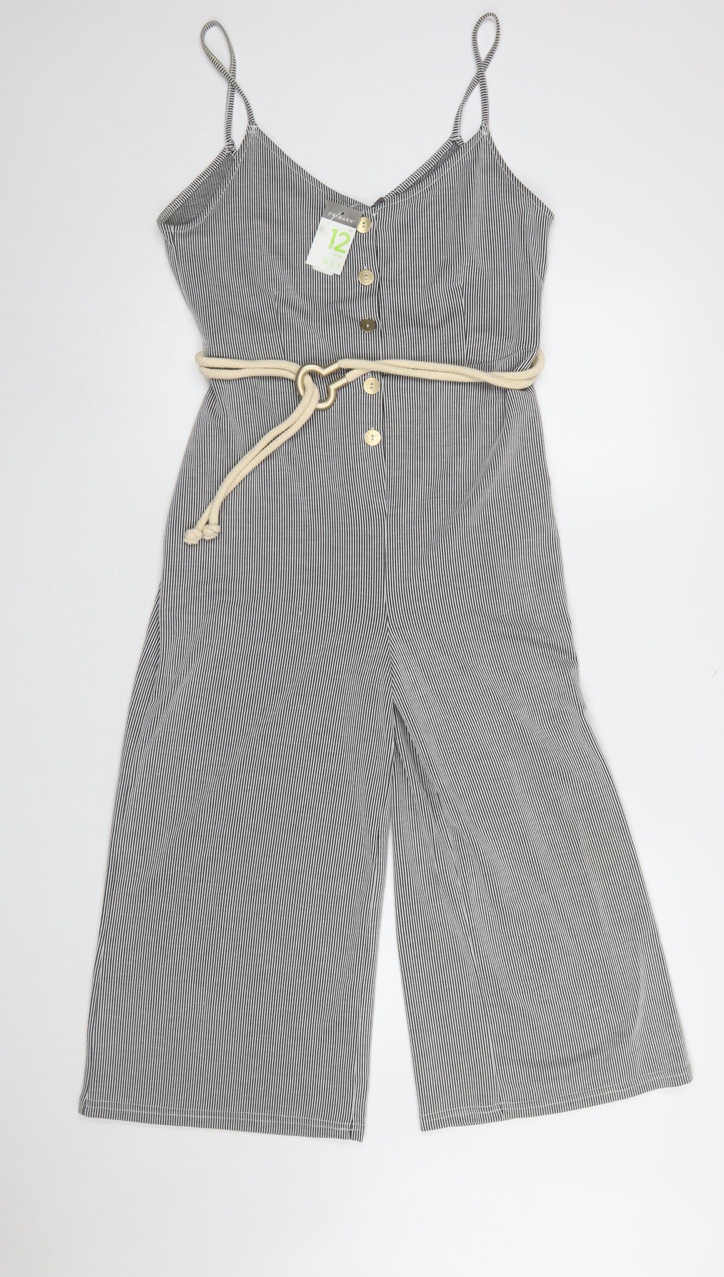 Primark Women’s Black White Striped Jumpsuit Size 12 Sleeveless Belted