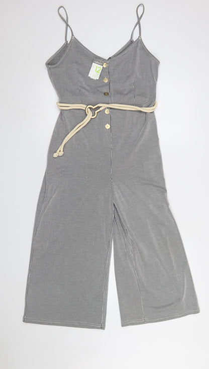 Primark Women’s Black White Striped Jumpsuit Size 12 Sleeveless Belted