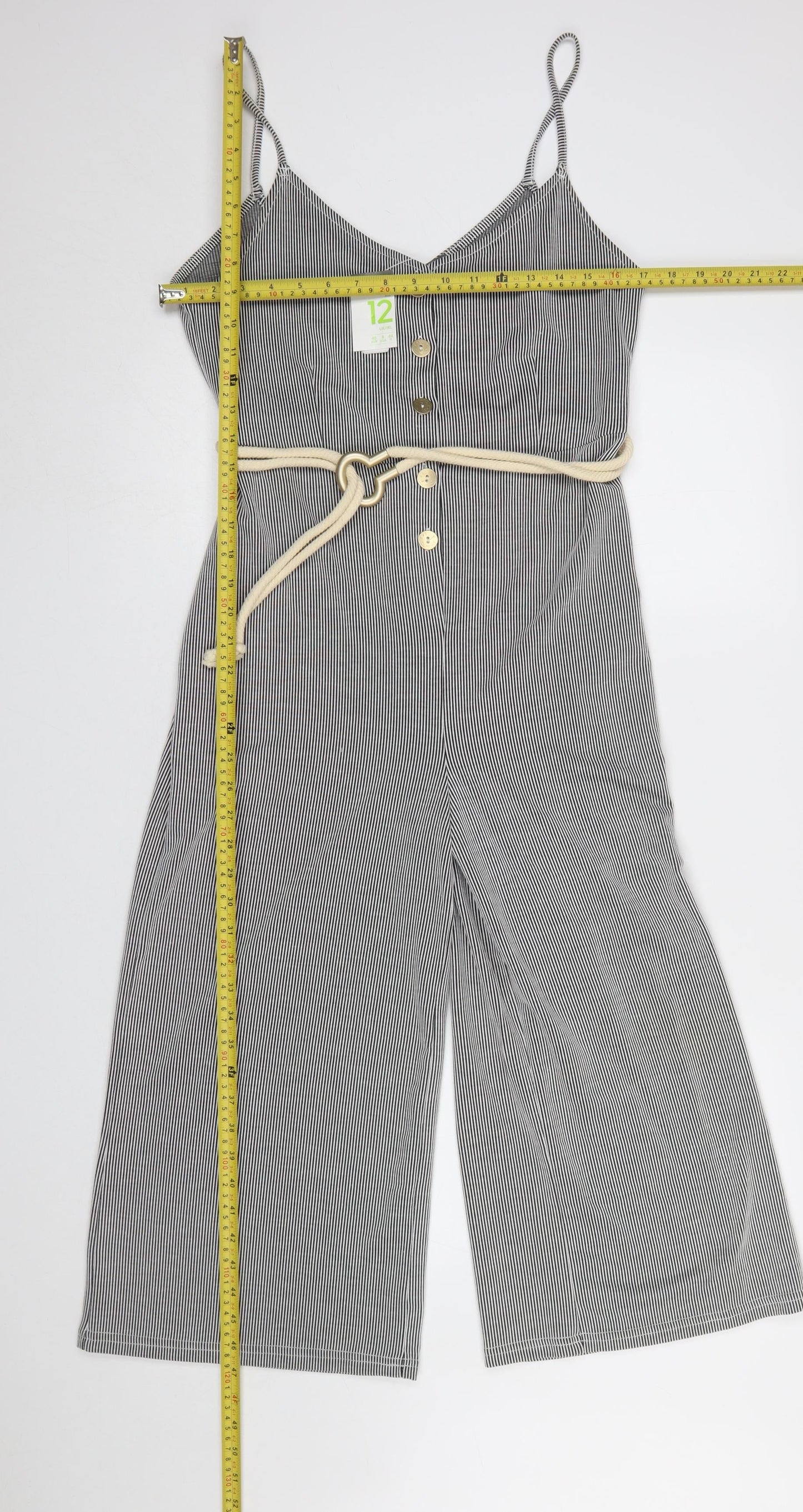 Primark Women’s Black White Striped Jumpsuit Size 12 Sleeveless Belted