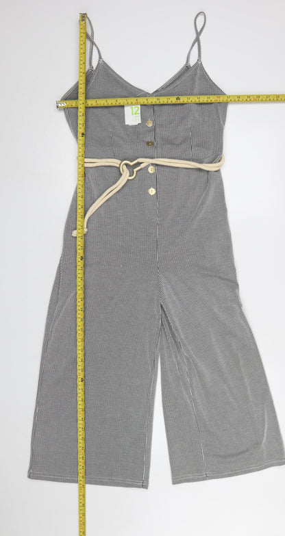 Primark Women’s Black White Striped Jumpsuit Size 12 Sleeveless Belted