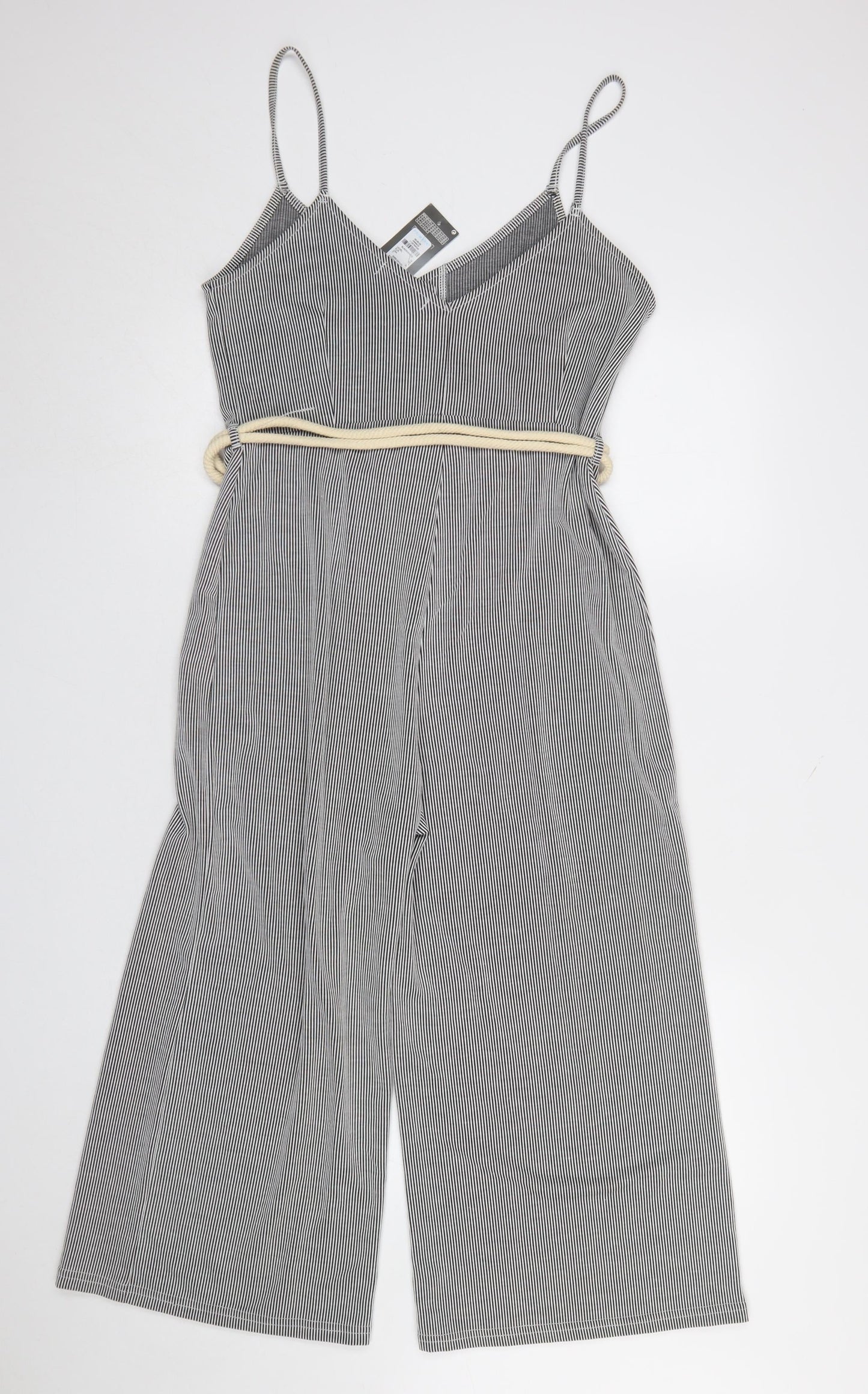 Primark Women’s Black White Striped Jumpsuit Size 12 Sleeveless Belted