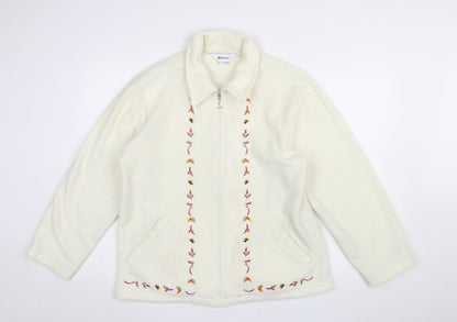 Damart Women’s Ivory Embroidered Fleece Jacket Size 12 Classic Zip Up