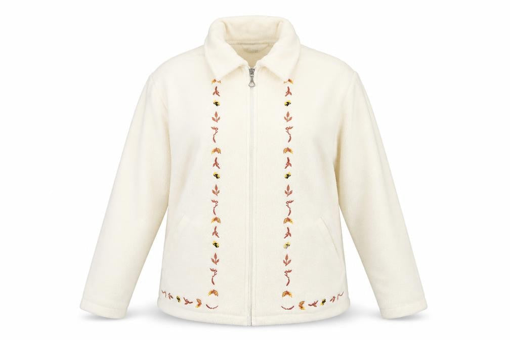 Damart Women’s Ivory Embroidered Fleece Jacket Size 12 Classic Zip Up