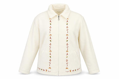 Damart Women’s Ivory Embroidered Fleece Jacket Size 12 Classic Zip Up