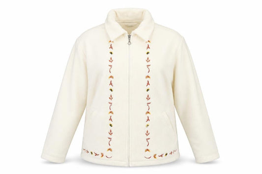 Damart Women’s Ivory Embroidered Fleece Jacket Size 12 Classic Zip Up