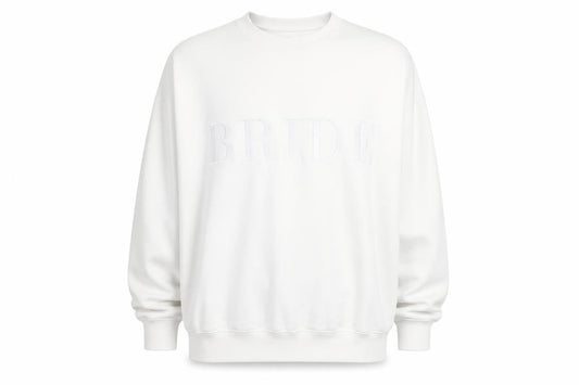 Front view of Six Stories unisex white bride pullover sweatshirt 2xl