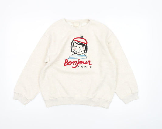 Zara Girls Beige Bonjour Paris Embroidered Pullover Sweatshirt Size 10 Years