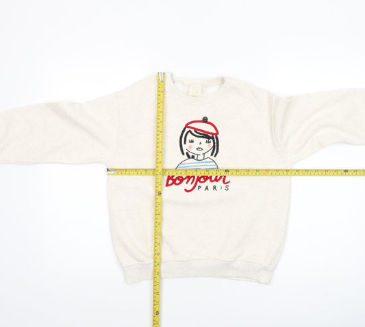 Zara Girls Beige Bonjour Paris Embroidered Pullover Sweatshirt Size 10 Years