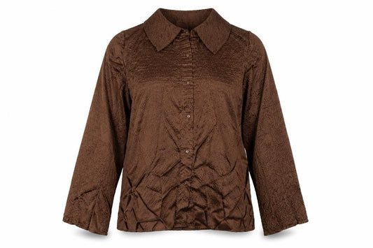 Front view of Roman Originals Women’s Brown Button-Up Long Sleeve Collared Blouse M