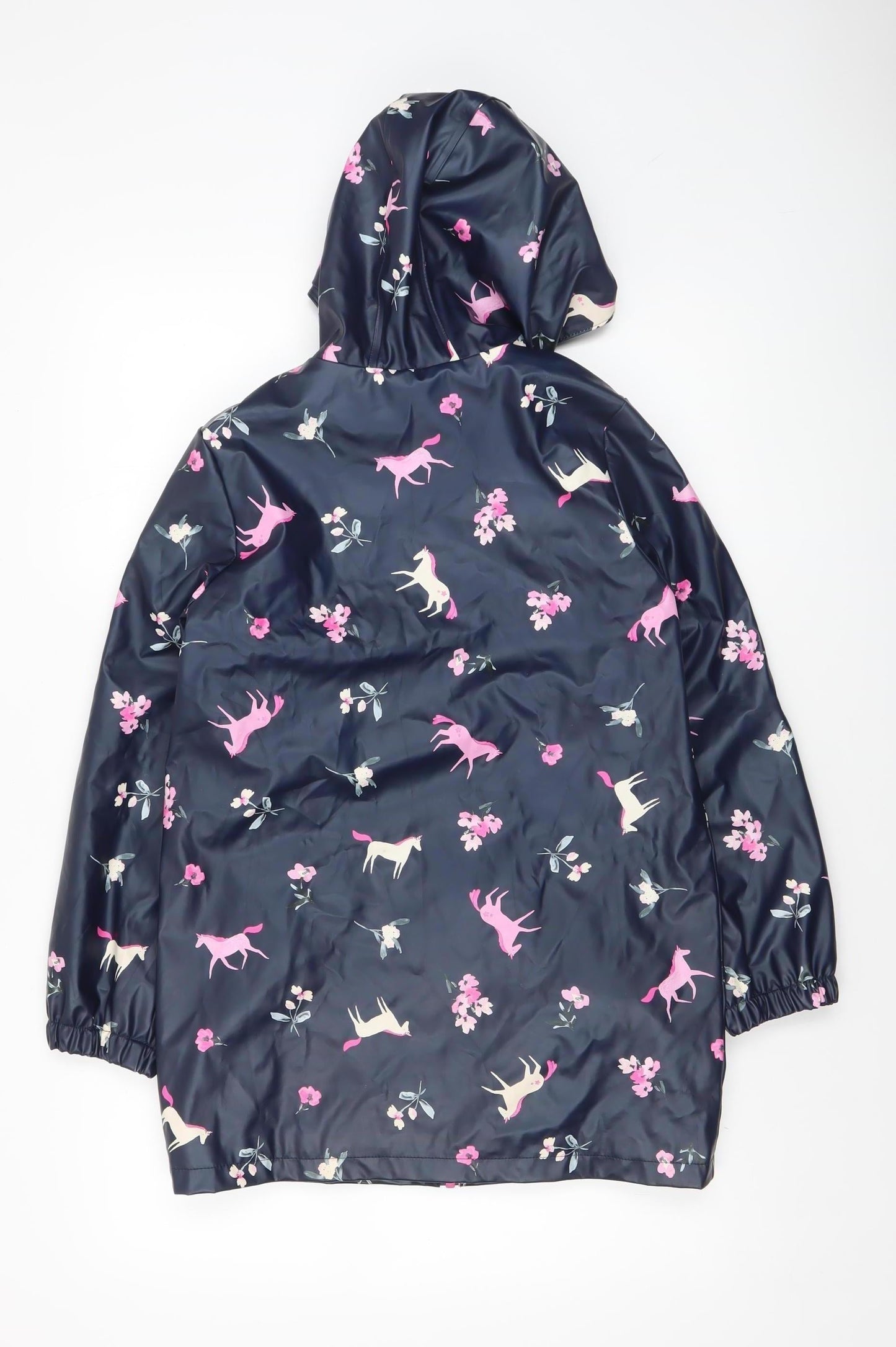 Joules Girls Blue Horse Print Hooded Rain Coat 11 Years Waterproof Lined