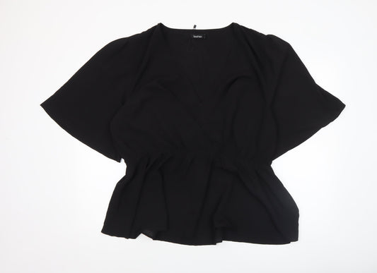 Boohoo Women Black Wrap Chiffon Blouse UK 12 Short Sleeve Top