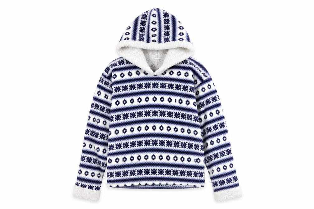 Front view of Camille Teens Blue White Fleece Hooded Pullover Sweatshirt, size 14/16