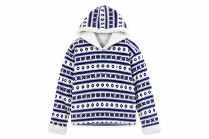 Front view of Camille Teens Blue White Fleece Hooded Pullover Sweatshirt, size 14/16