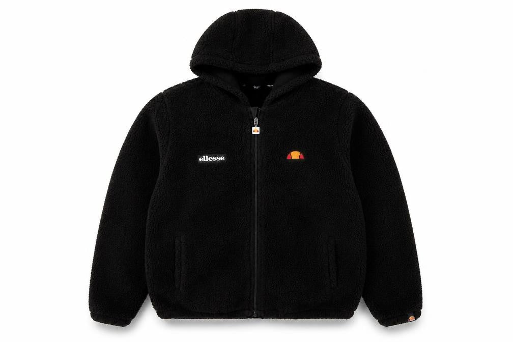 Front view of Ellesse boys’ black fleece hooded full zip winter jacket 13-14 years