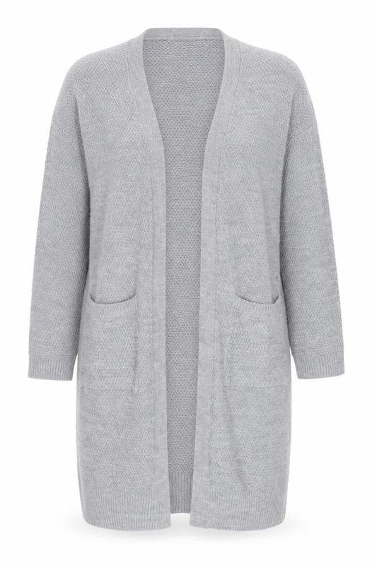 Front view of Gerard women’s grey long knit open cardigan, size M