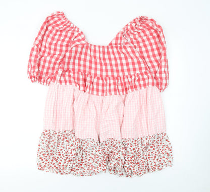 ASOS Women Pink Gingham Smock Dress UK 6 Puff Sleeve Short Ruffle