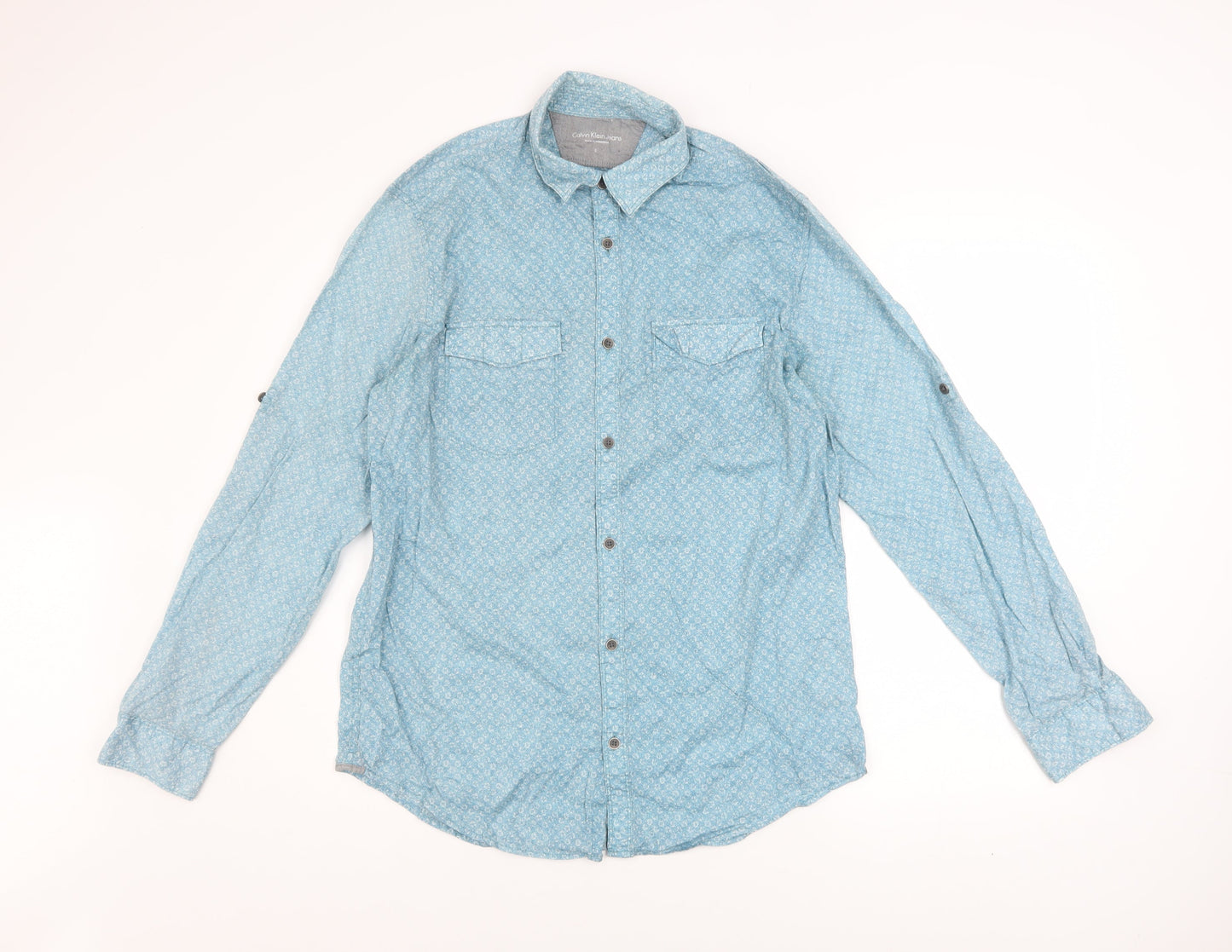 Calvin Klein Jeans Men’s Blue Floral Cotton Long Sleeve Button-Up Shirt Size S