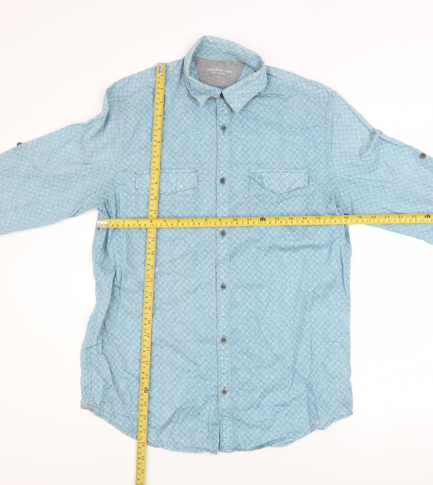 Calvin Klein Jeans Men’s Blue Floral Cotton Long Sleeve Button-Up Shirt Size S