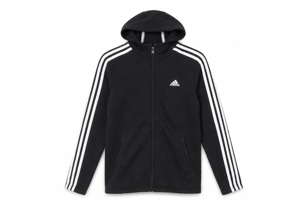 Front view of adidas boys’ black full zip hoodie 13-14 years regular fit sportswear