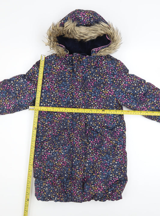 John Lewis Girls Multicoloured Floral Puffer Coat 7 Years Hooded Faux Fur Winter
