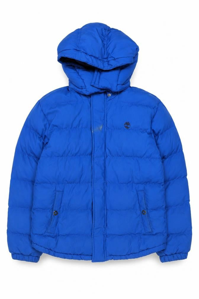 Front view of Timberland boys’ blue hooded puffer jacket 14 years winter coat