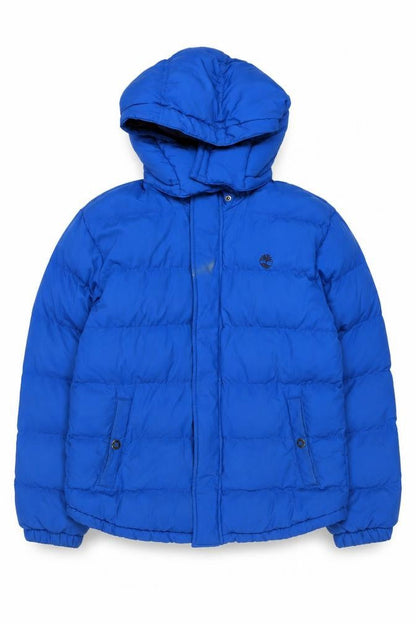 Front view of Timberland boys’ blue hooded puffer jacket 14 years winter coat
