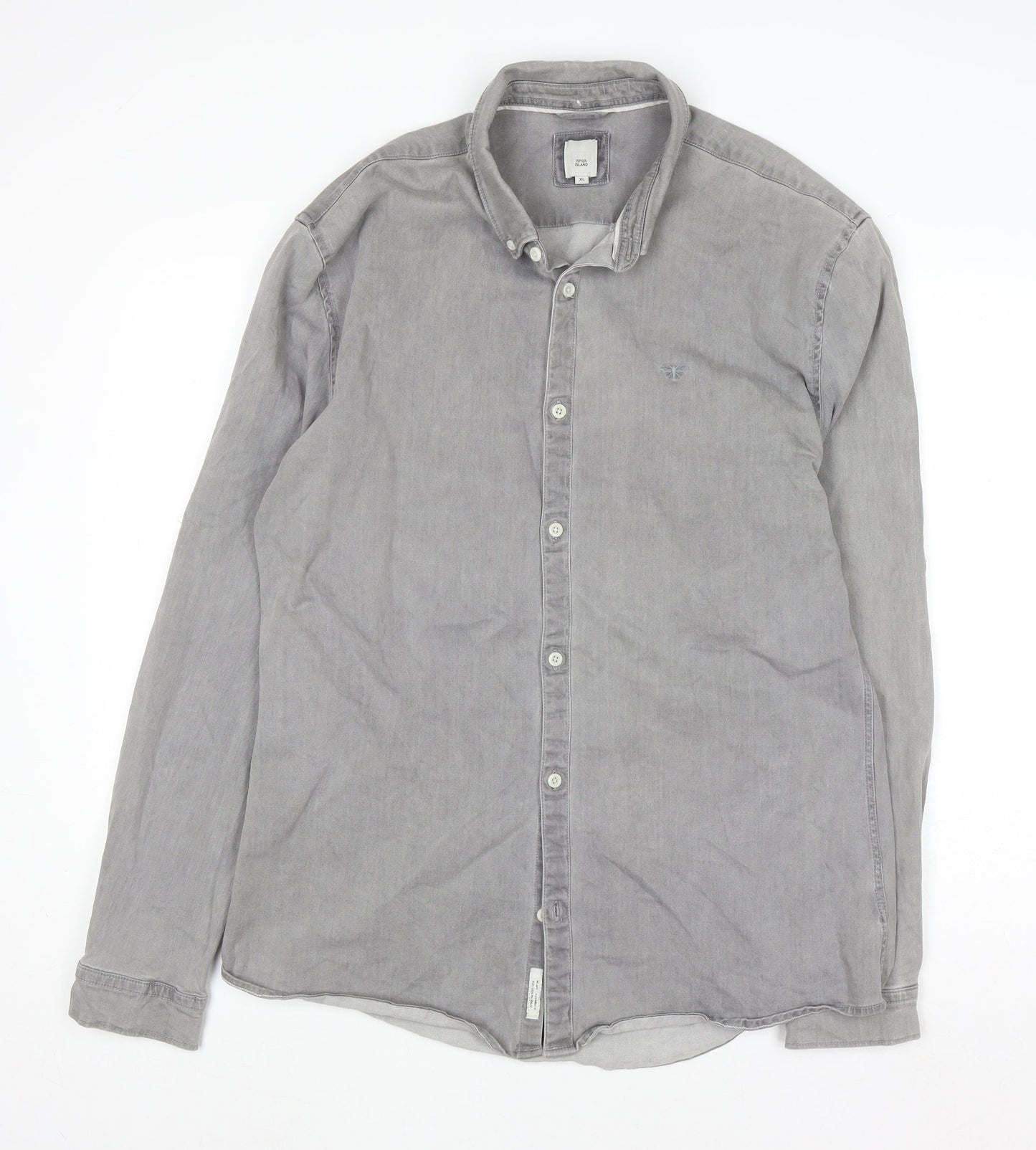 River Island Men's Grey Cotton Blend Long Sleeve Button-Up Shirt XL