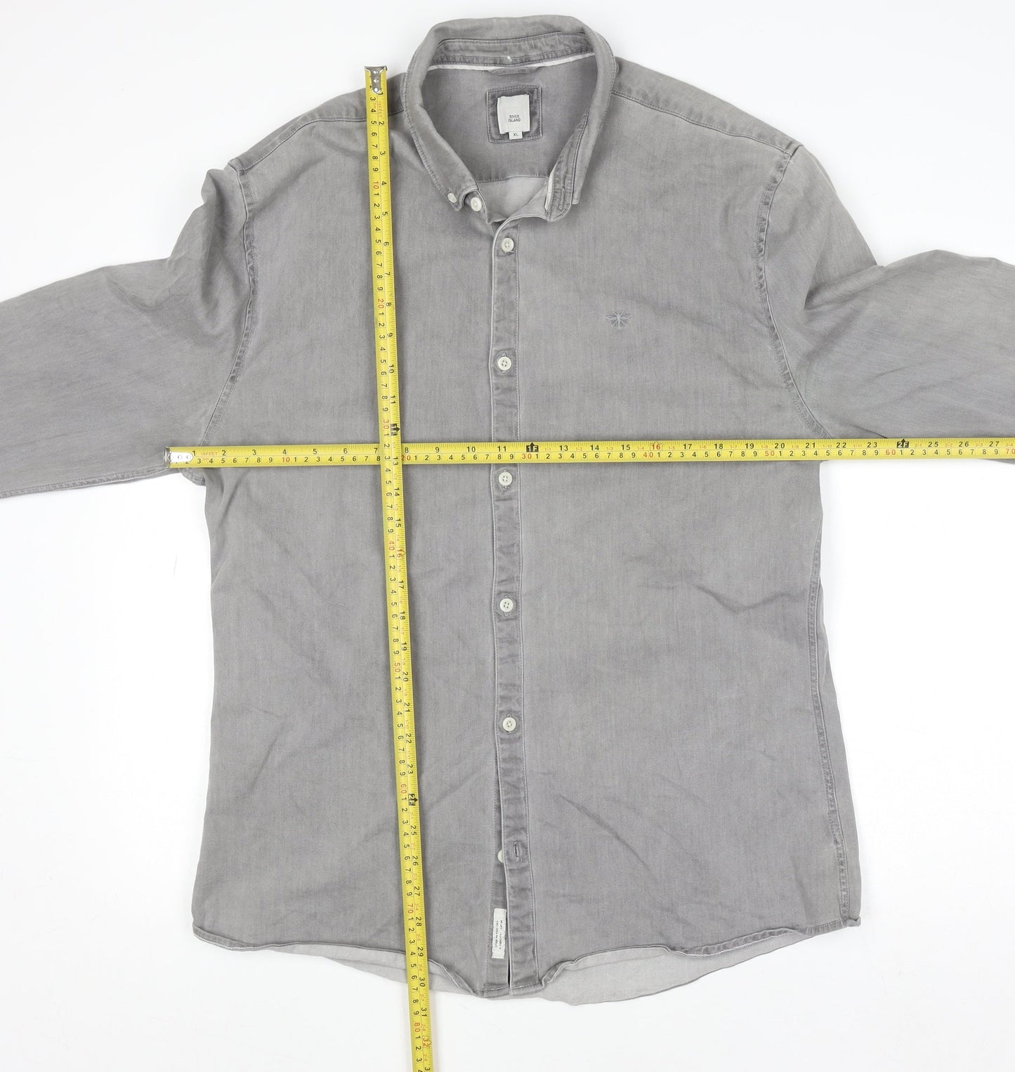 River Island Men's Grey Cotton Blend Long Sleeve Button-Up Shirt XL