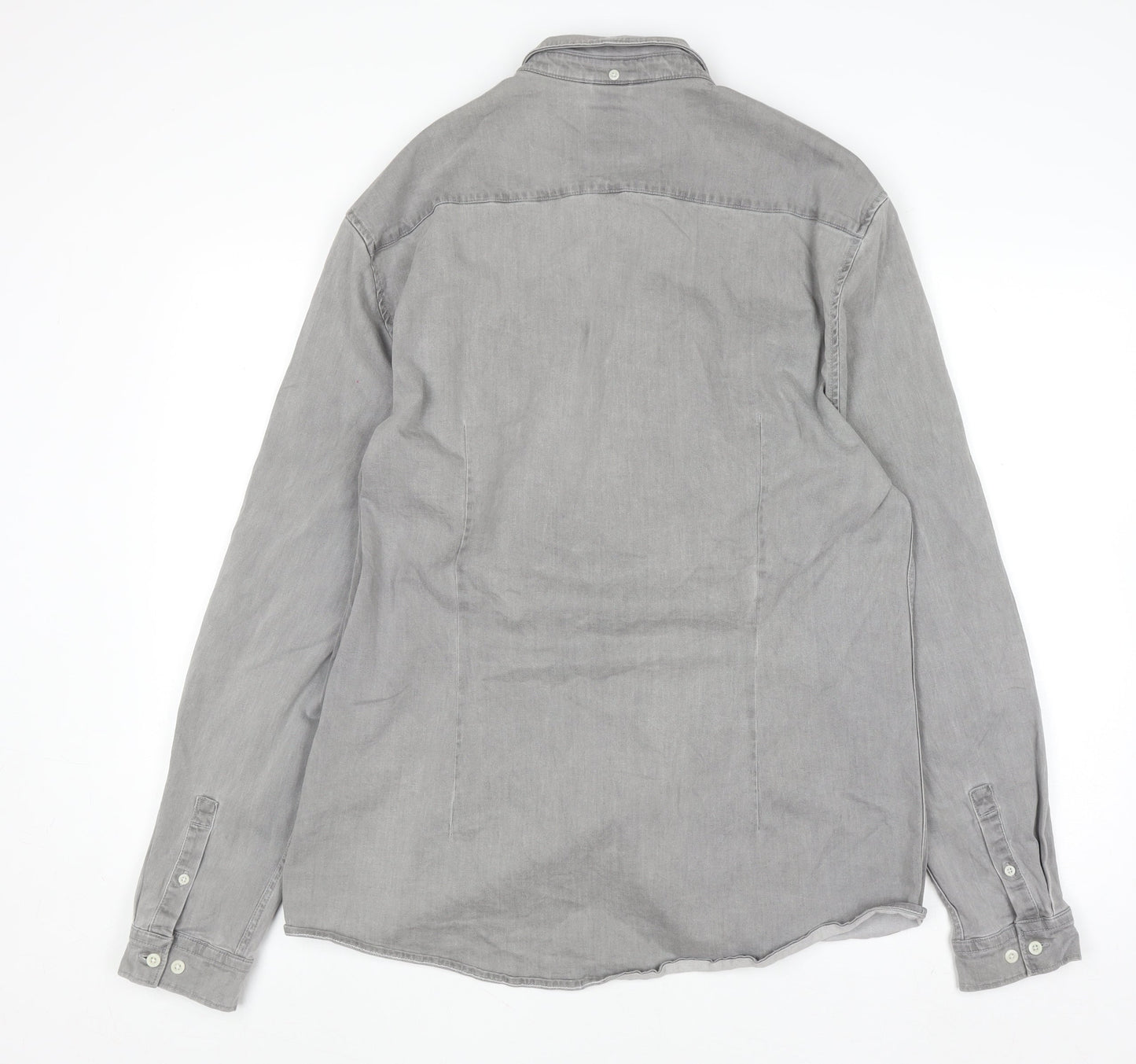River Island Men's Grey Cotton Blend Long Sleeve Button-Up Shirt XL