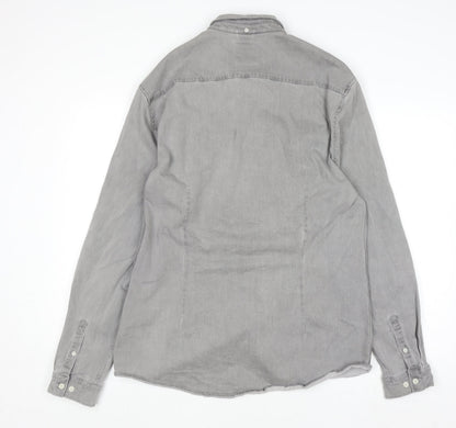 River Island Men's Grey Cotton Blend Long Sleeve Button-Up Shirt XL