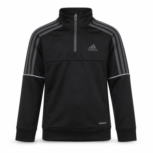 Front view of Adidas boys’ black 9-10 years 1/4 zip pullover sweatshirt