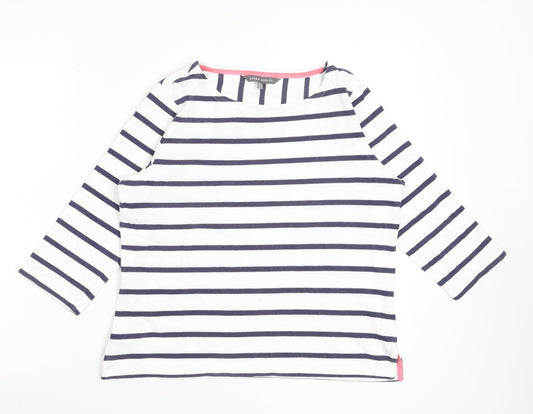Laura Ashley Womens White Navy Striped 3/4 Sleeve Cotton Top UK 12