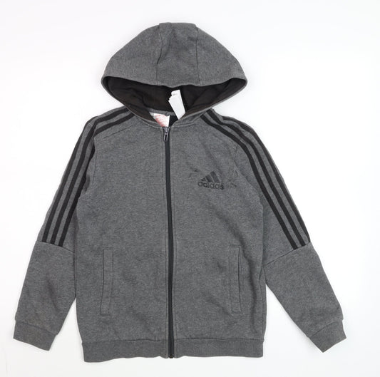 Adidas Boys Grey Full Zip Hoodie 11-12 Years Sporty Cotton Blend